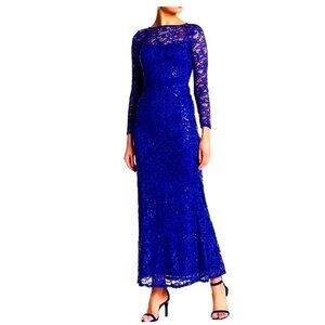 MARINA cobalt blue sequin floor-length lace gown